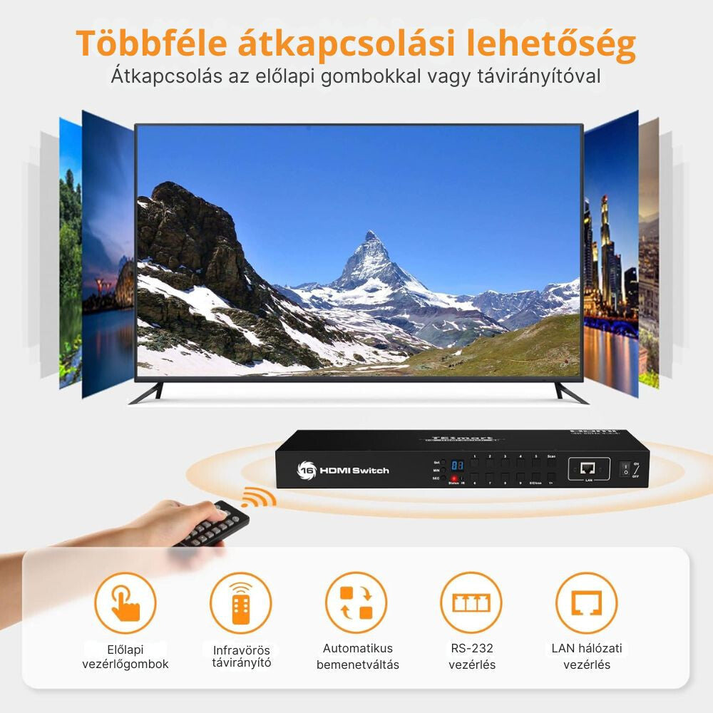 TESmart HDMI switch átkapcsolási módjai: gomb, IR távirányító, RS232 és LAN