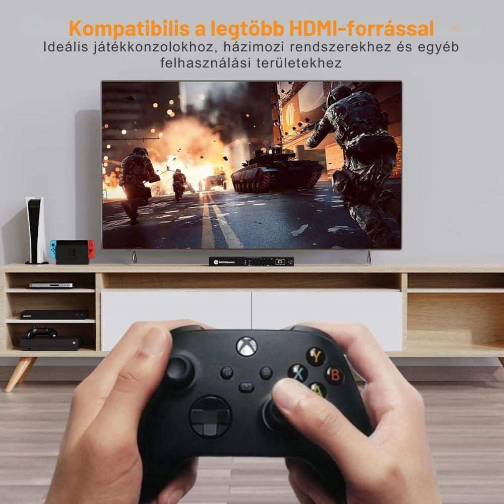 TESmart 16 portos HDMI switch játékhoz, kontrollert tartó kéz a tévé előtt