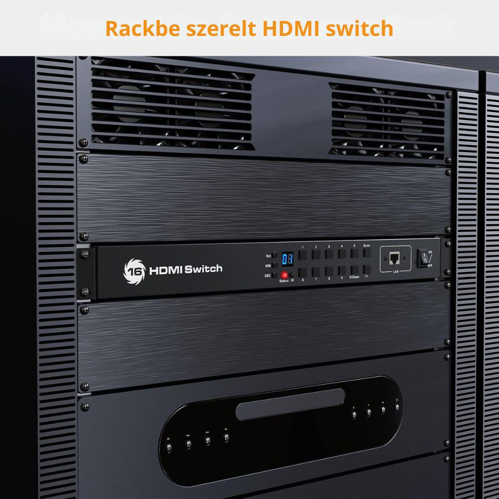 TESmart 16 portos HDMI switch szerverrackbe szerelve, elölnézet