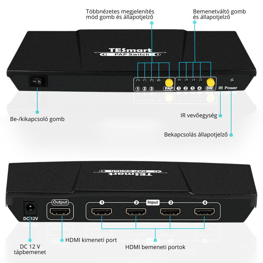 HDMI switch elülső gombjai és hátlapi csatlakozói: 4 HDMI bemenet, kimenet, 12 V tápellátás