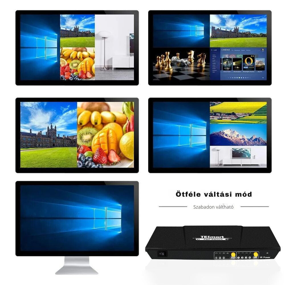 TESmart HDMI switch multi-view módjai: osztott képernyő, négy kép és teljes kép monitoron