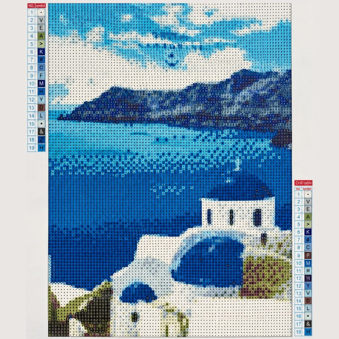 5D gyémántfestő készlet santorini mintával, színkódos vászon a kék tengerrel