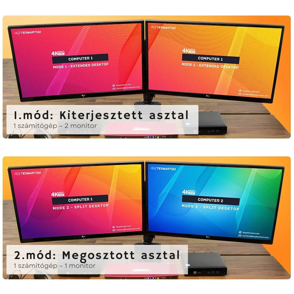 TESmart KVM switch kiterjesztett és megosztott asztal módban két monitoron