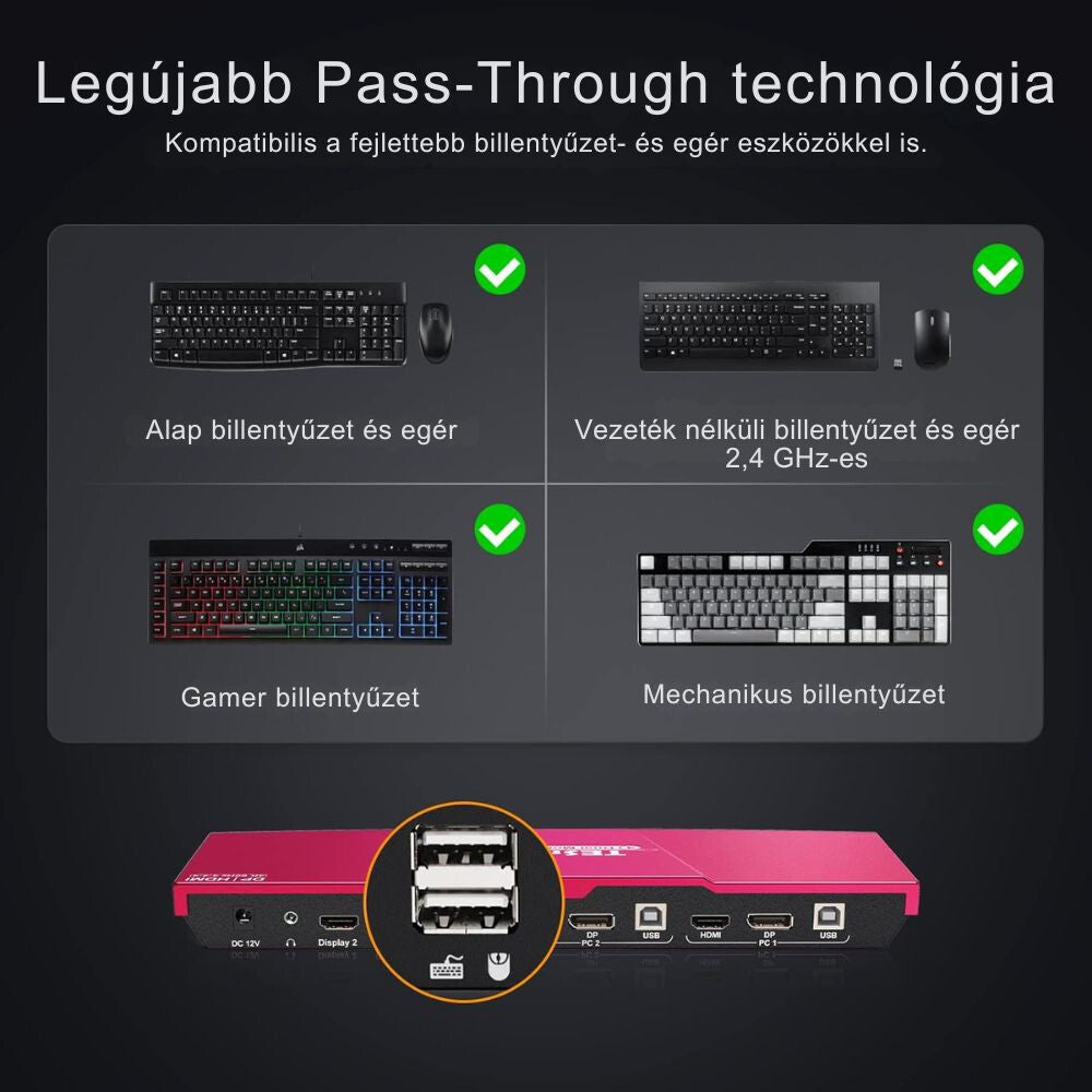 TESmart KVM switch USB pass-through funkciója billentyűzethez és egérhez
