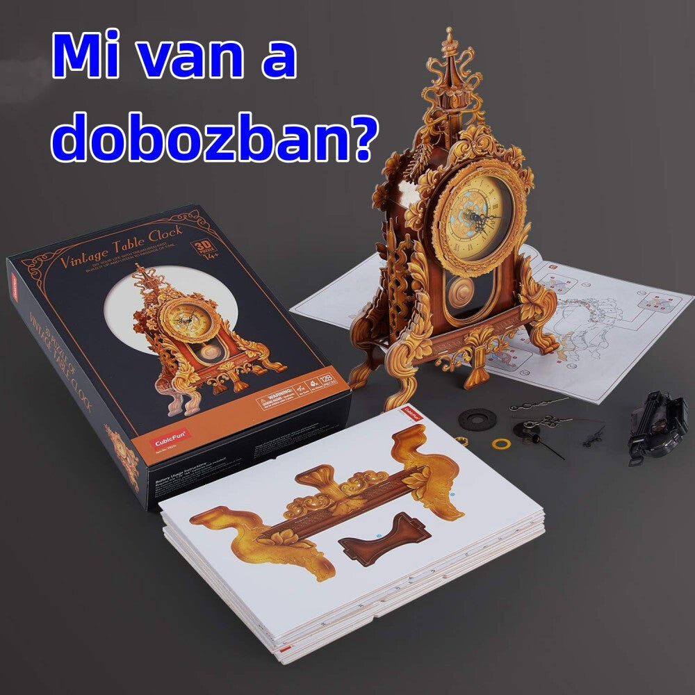 CubicFun 3D puzzle óra doboz tartalma: elővágott lapok, óramechanika és kezelési útmutató