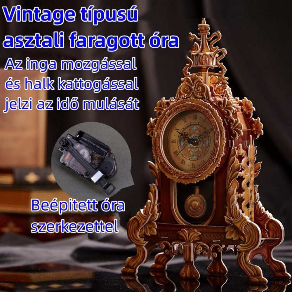 CubicFun vintage faragott asztali ingáóra beépített óraszerkezettel, leírással