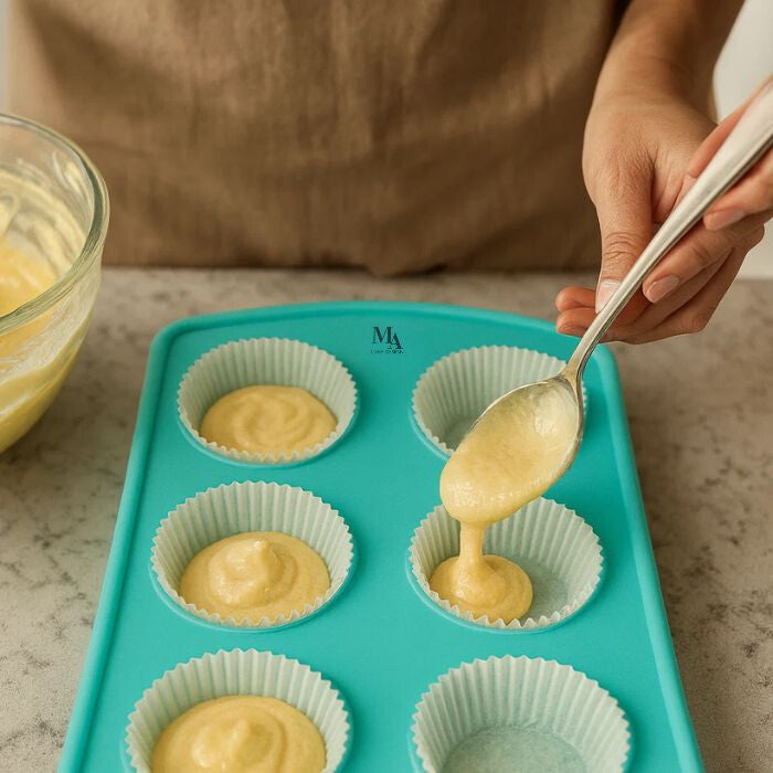 Muffintészta kanalazása papírkoszikákba a türkiz szilikon formában