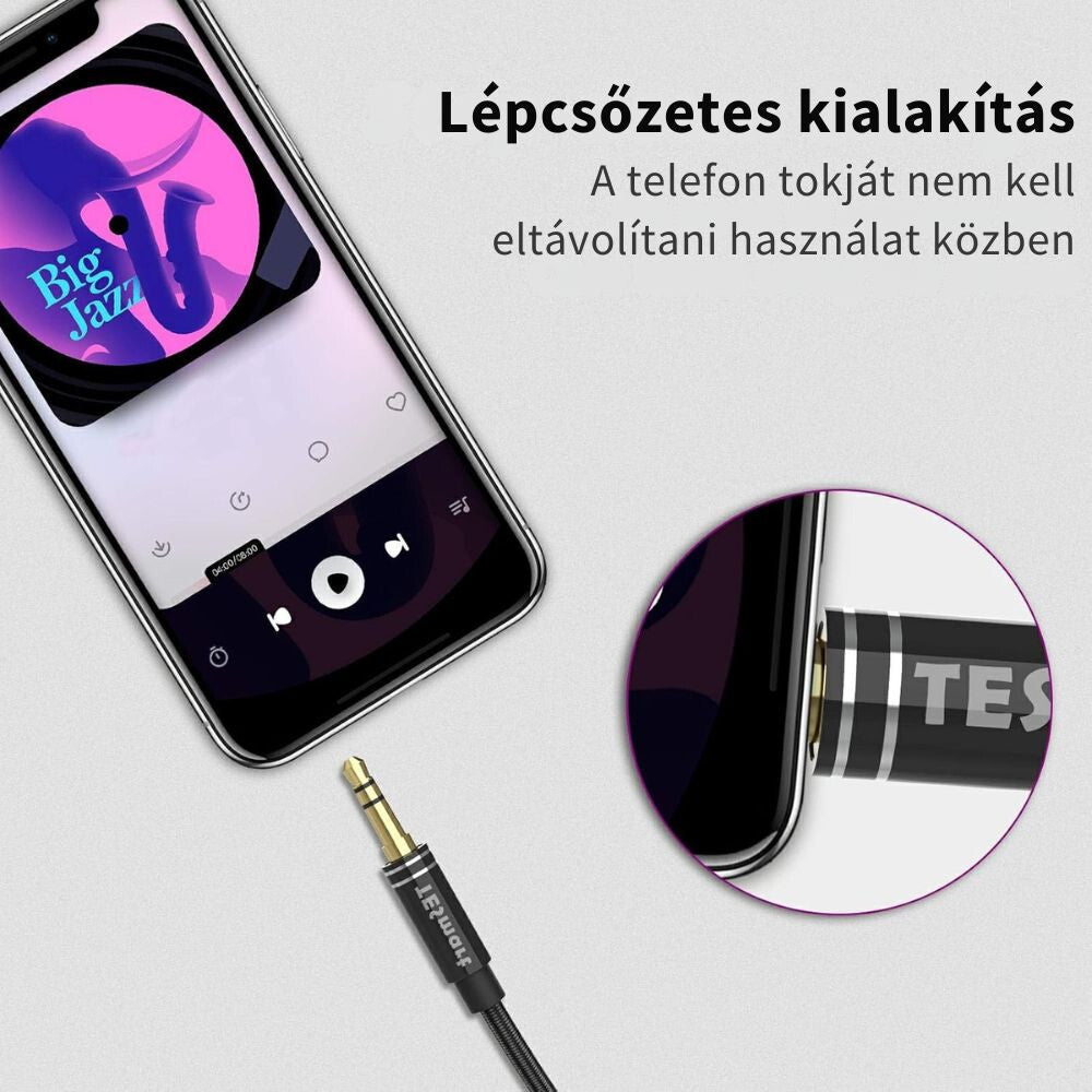 TESmart jack hosszabbító lépcsőzetes dugója tokban lévő telefonhoz csatlakoztatva