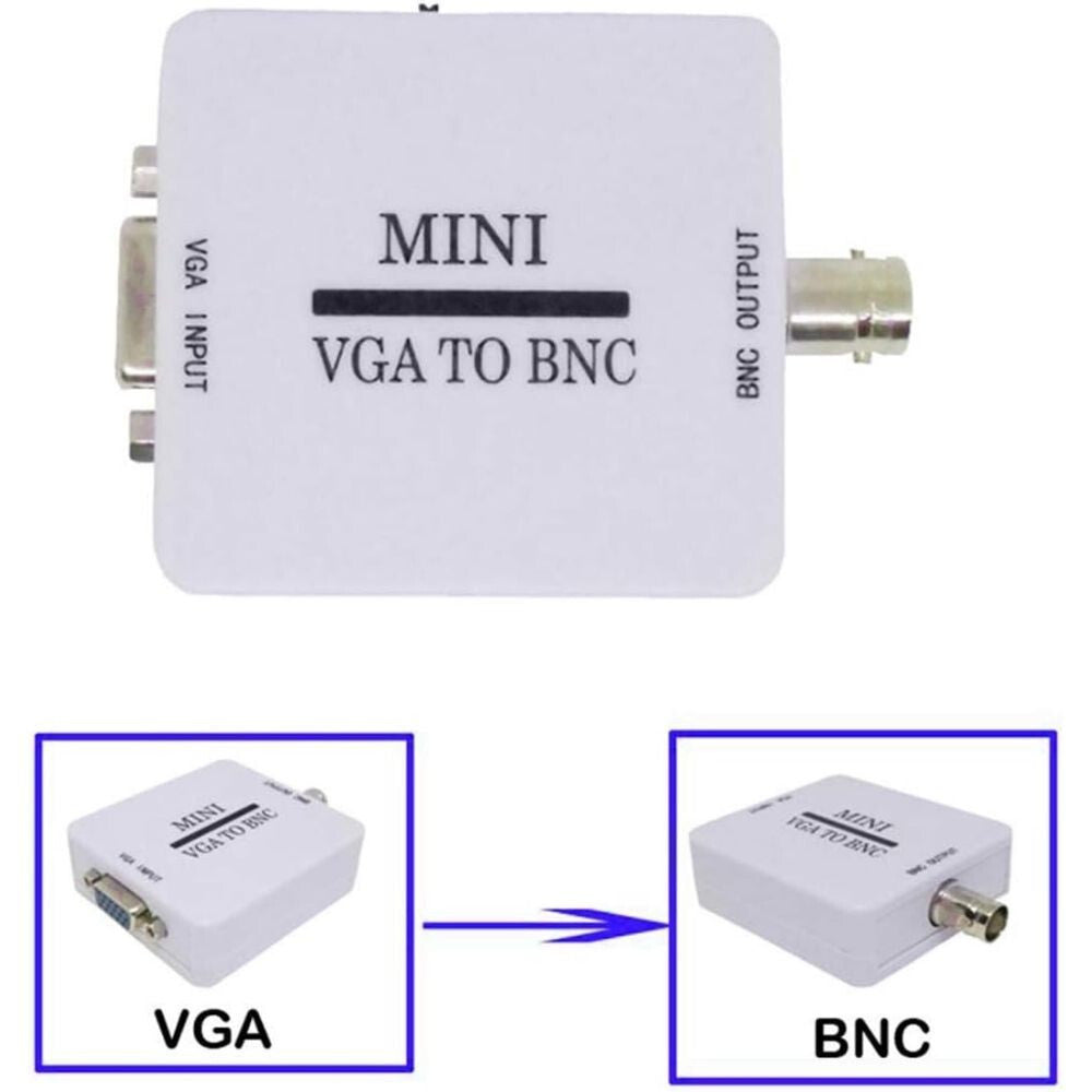 VGA–BNC átalakító elölről, alatta a VGA bemenet és BNC kimenet kapcsolási ábrája