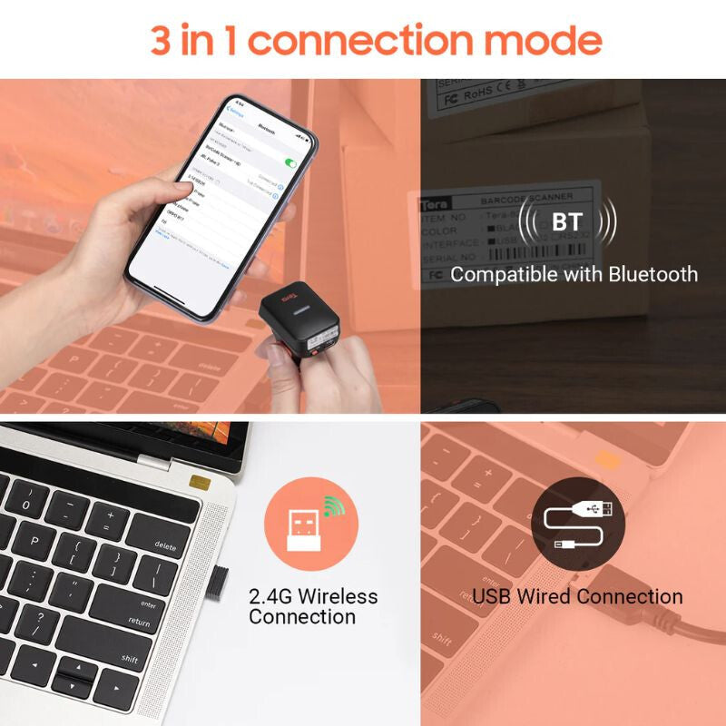 Tera Ergonomikus Gyűrűs Vonalkódolvasó – 1D & 2D QR, Bluetooth / 2.4G / USB Csatlakozás - Maxihome
