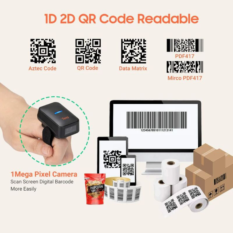 Tera Ergonomikus Gyűrűs Vonalkódolvasó – 1D & 2D QR, Bluetooth / 2.4G / USB Csatlakozás - Maxihome