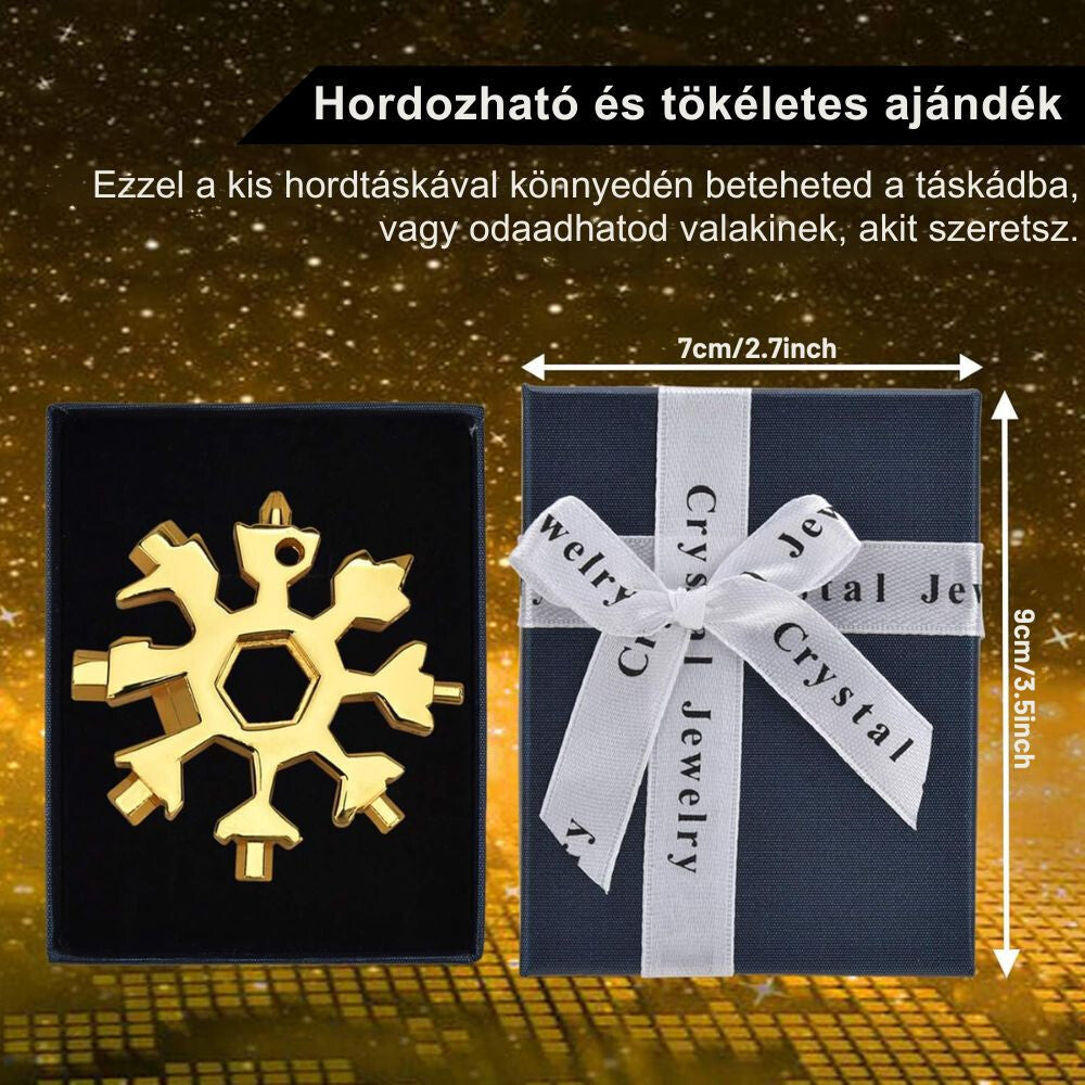 Hópehely multiszerszám és díszdoboza méretekkel, hordozható ajándék