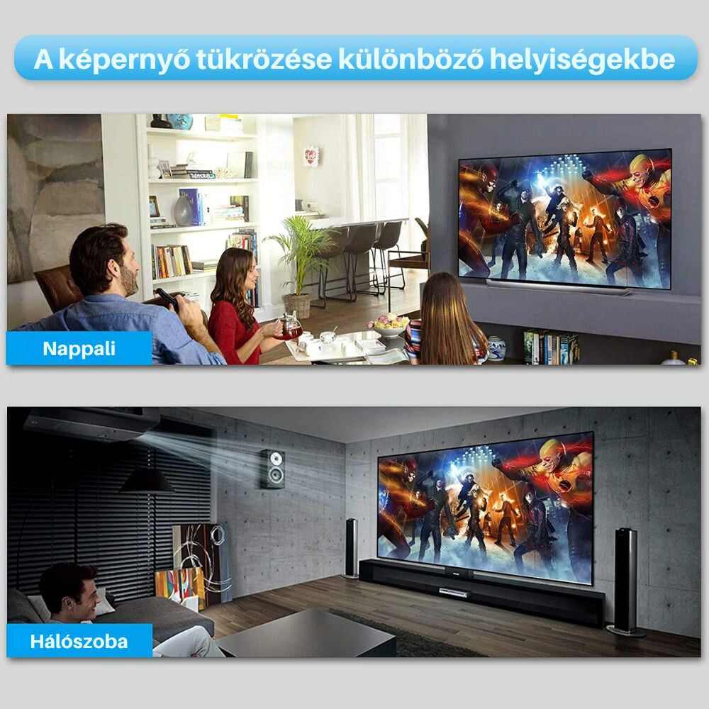 Tükrözött kép két helyiségben: nappali tévéje és hálószoba vetítője