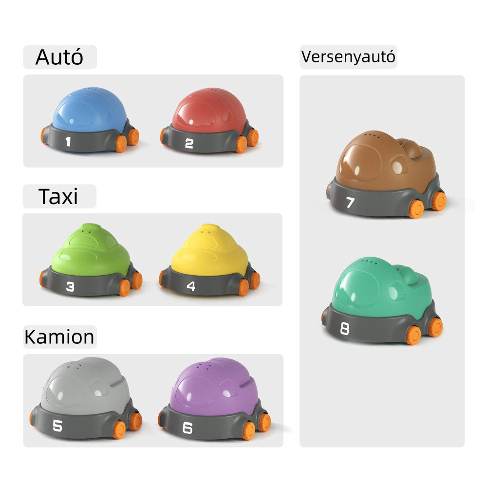 Tumama fejlesztő szett nyolc kisautója típusonként: autó, taxi, kamion, versenyautó