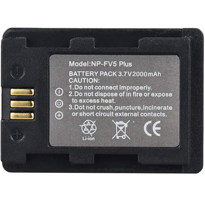 Andoer akkumulátor hátoldali címkéje: NP-FV5 Plus, 3,7 V, 2000 mAh, CE jelölés