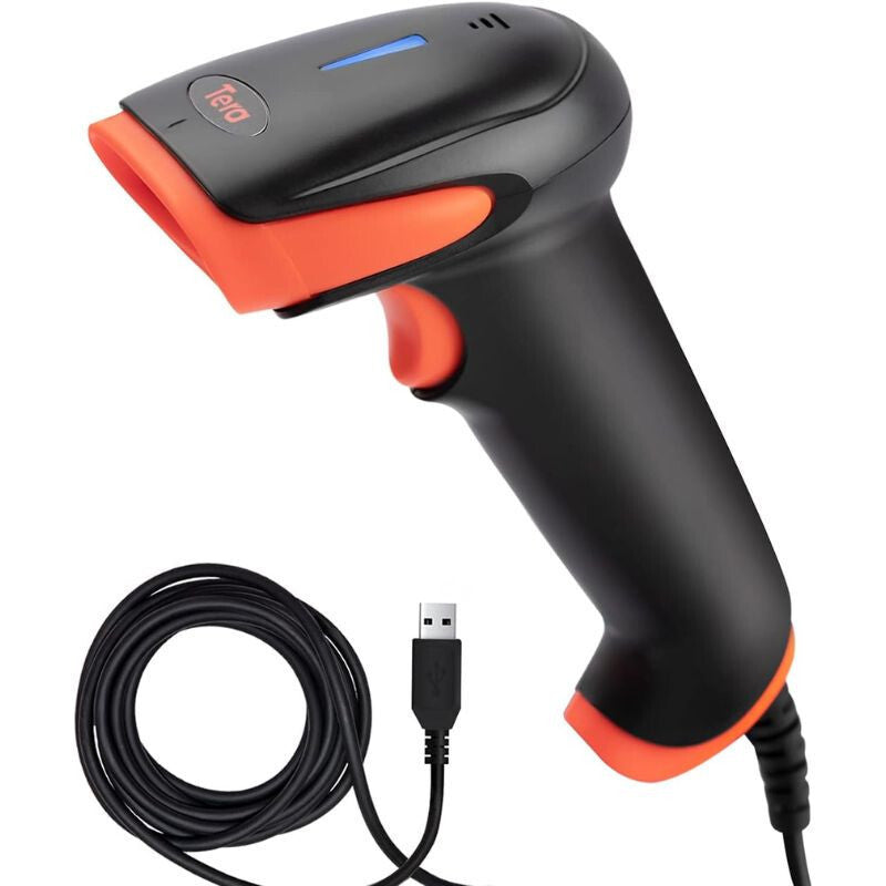 Tera 1500C vezetékes vonalkódolvasó fekete-narancs színben, USB kábellel