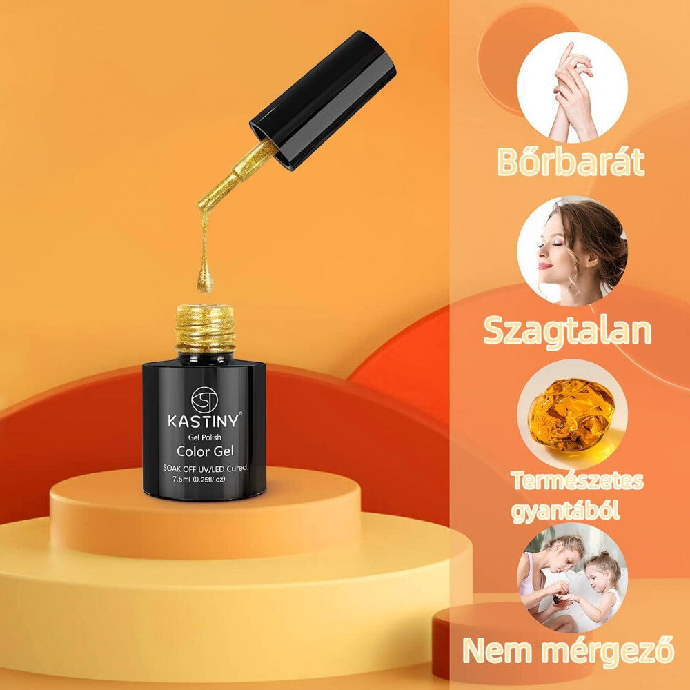 Kastiny géllakk üveg ecsettel, mellette ikonok: bőrbarát, szagtalan, természetes gyanta