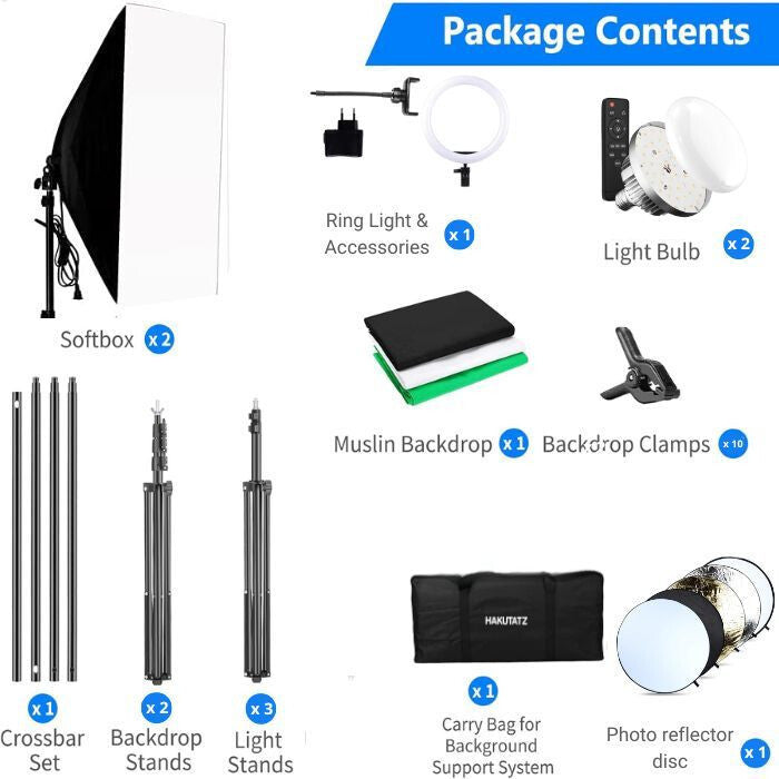 Hakutatz Proffeszionális Fotóstúdió Szett Gyűrűlámpával, Softboxszal és Háttérrel - Maxihome