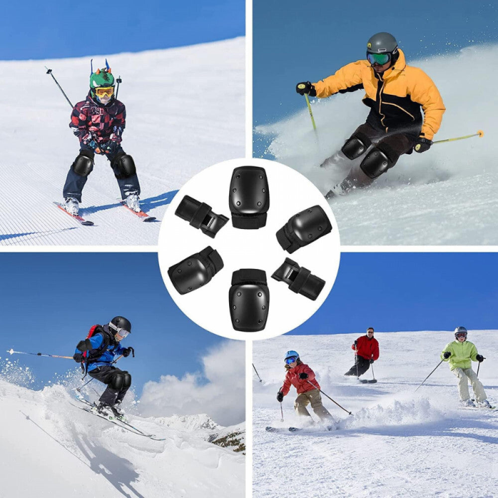 Toplus védőszett síelő és snowboardozó gyerekekkel, középen a hat védőelem