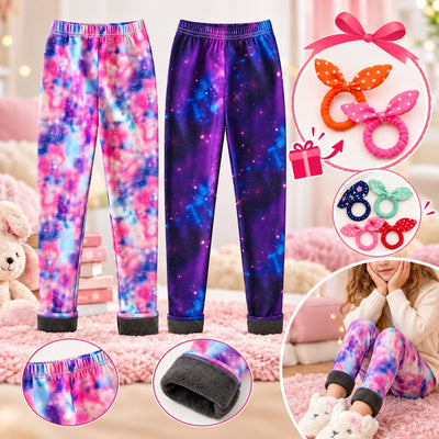 Galaxy mintás gyerek thermo leggings rózsaszín és lila változatban, plüss béléssel és hajgumikkal