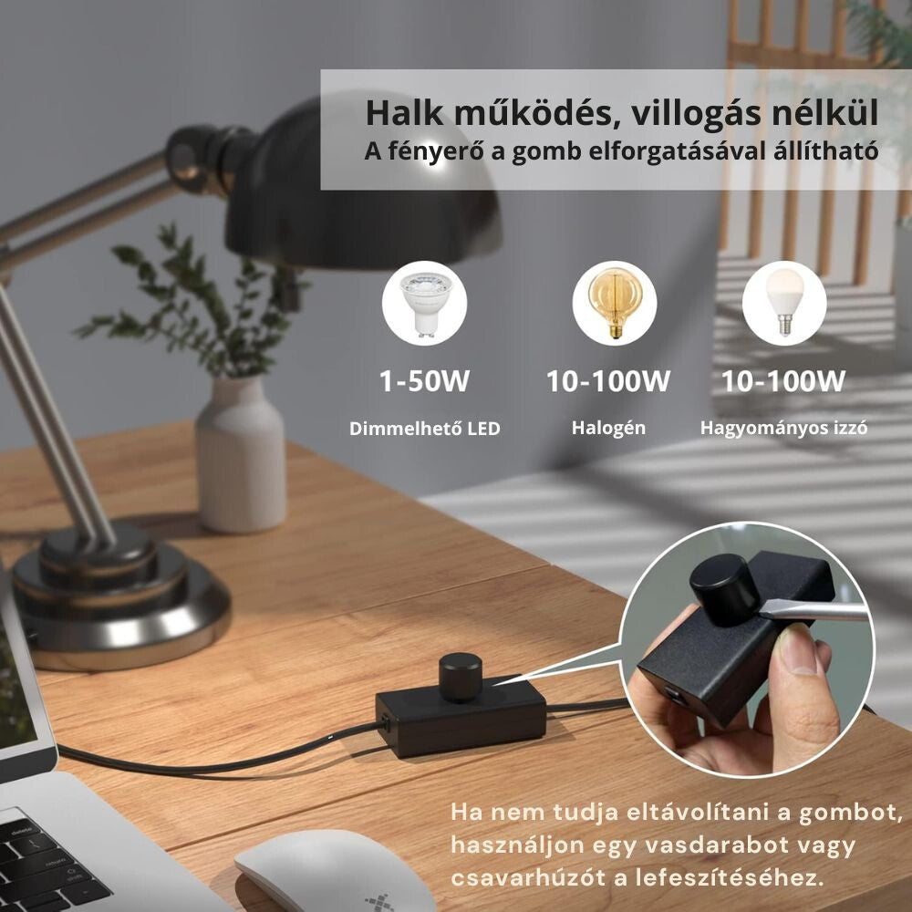Asztali lámpa zsinórjára szerelt fényerőszabályzó, kompatibilis LED és halogén izzók
