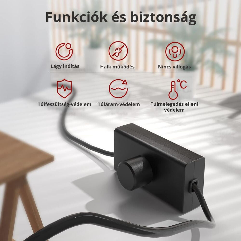 Kábeles fényerőszabályzó funkciói és védelmei ikonokkal, túlterhelés-védelem