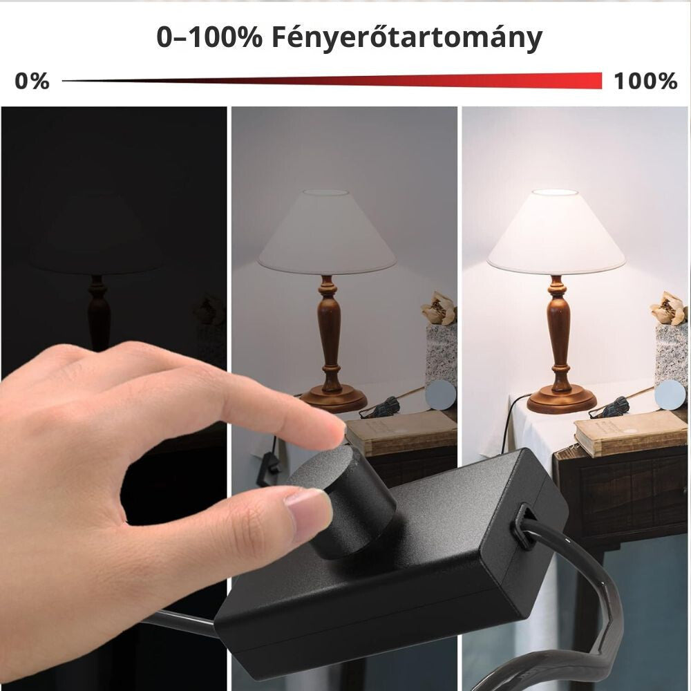 Kéz forgatja a dimmer gombját, 0–100% fényerő állólámpán három fokozatban