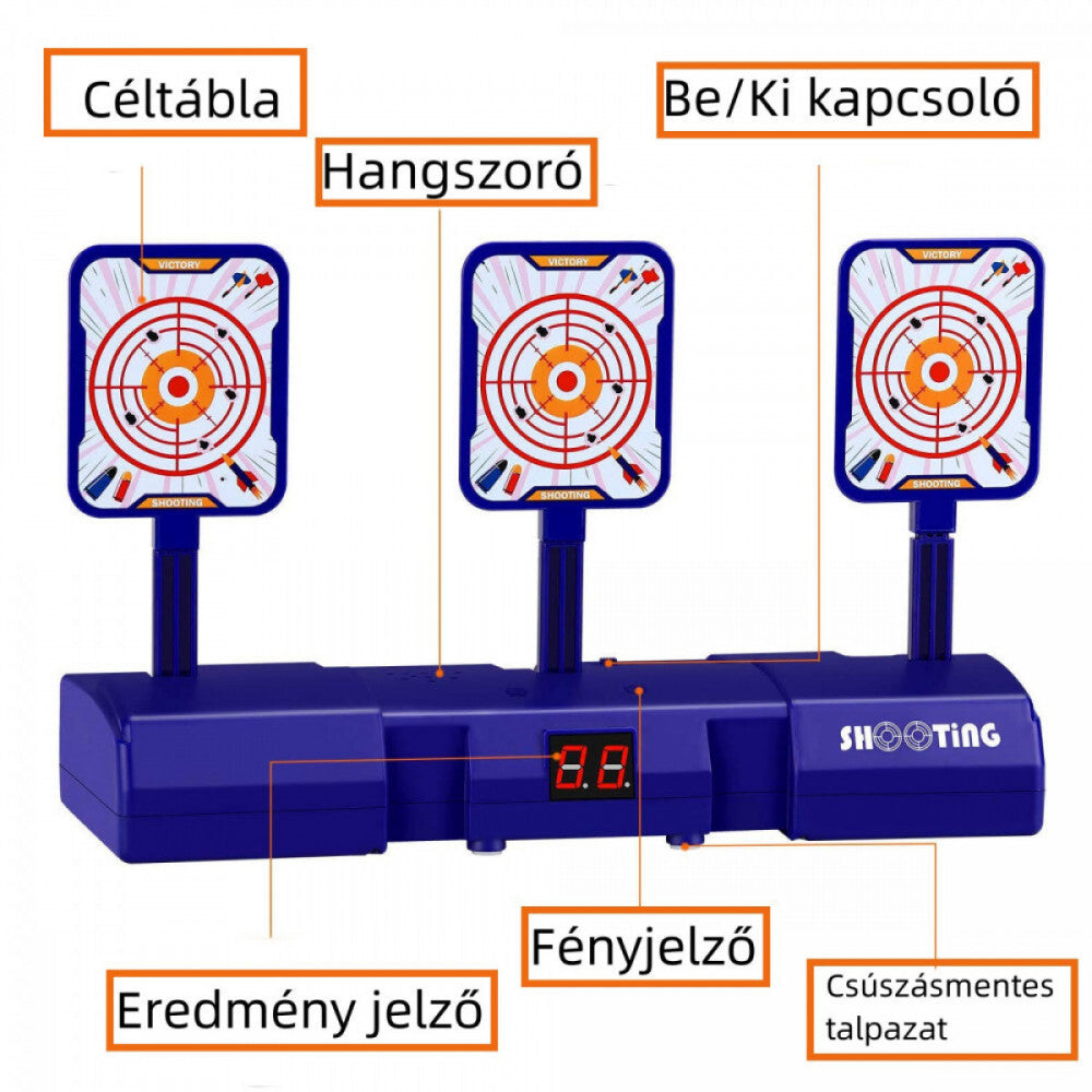 Shooting elektronikus céltábla részei feliratozva: kapcsoló, hangszóró, kijelző