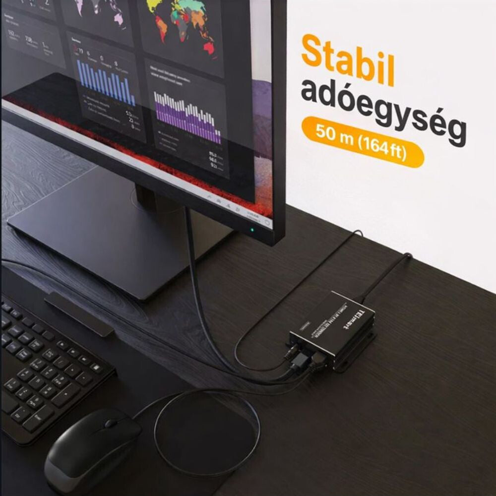 Tesmart KVM adóegység íróasztalon monitor, billentyűzet és egér mellett, 50 m-es hatótáv