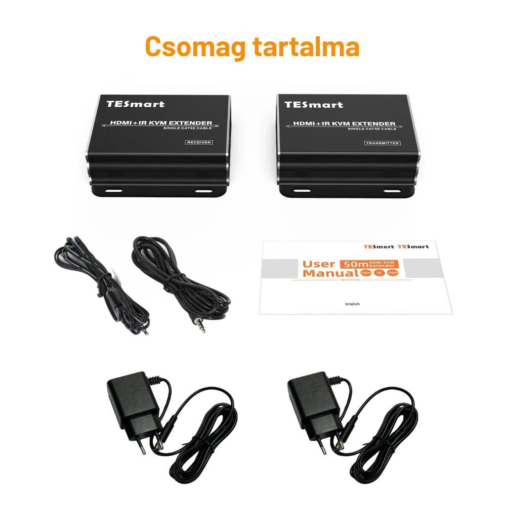 Tesmart HDMI KVM extender csomagtartalma: két egység, IR kábelek, két tápegység, leírás