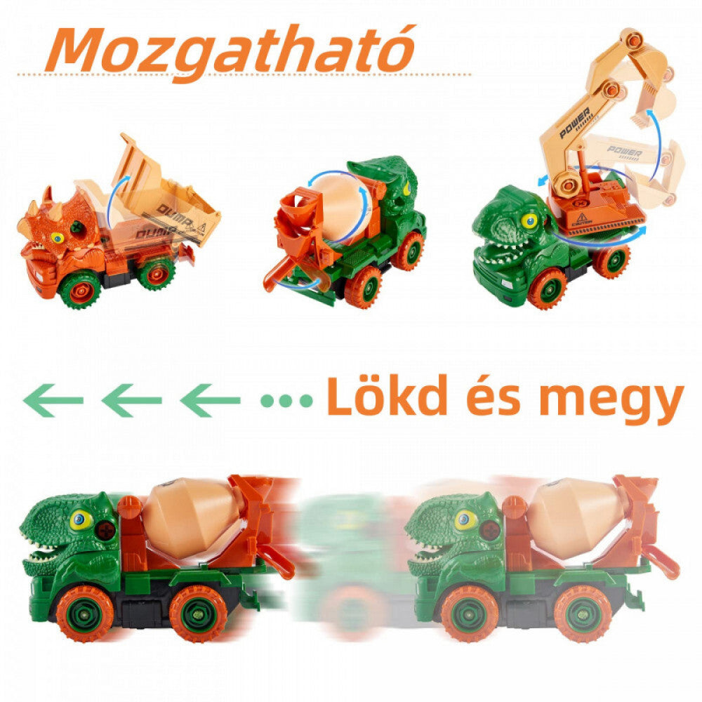 Lendkerekes dínós munkagépek mozgás közben, meglökve maguktól gurulnak