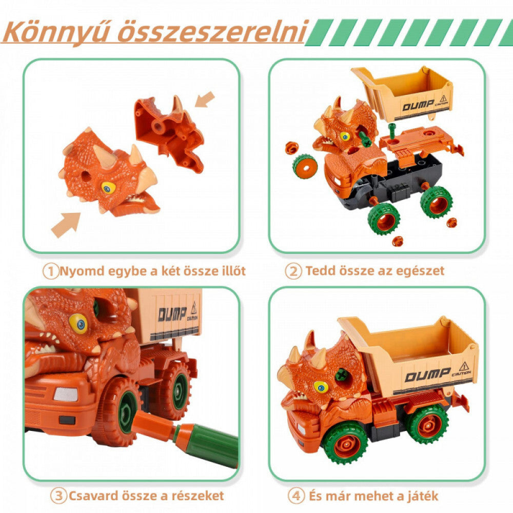Szétszerelhető dínós billenőkocsi összeszerelése négy lépésben, csavarhúzóval