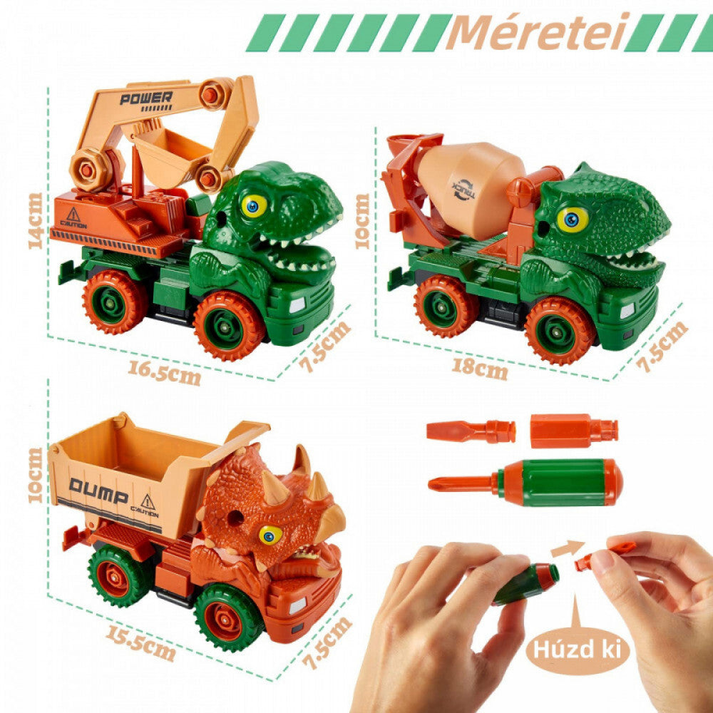 Dínós munkagépek méretei centiméterben, gyerekkéz csavarhúzóval szerel