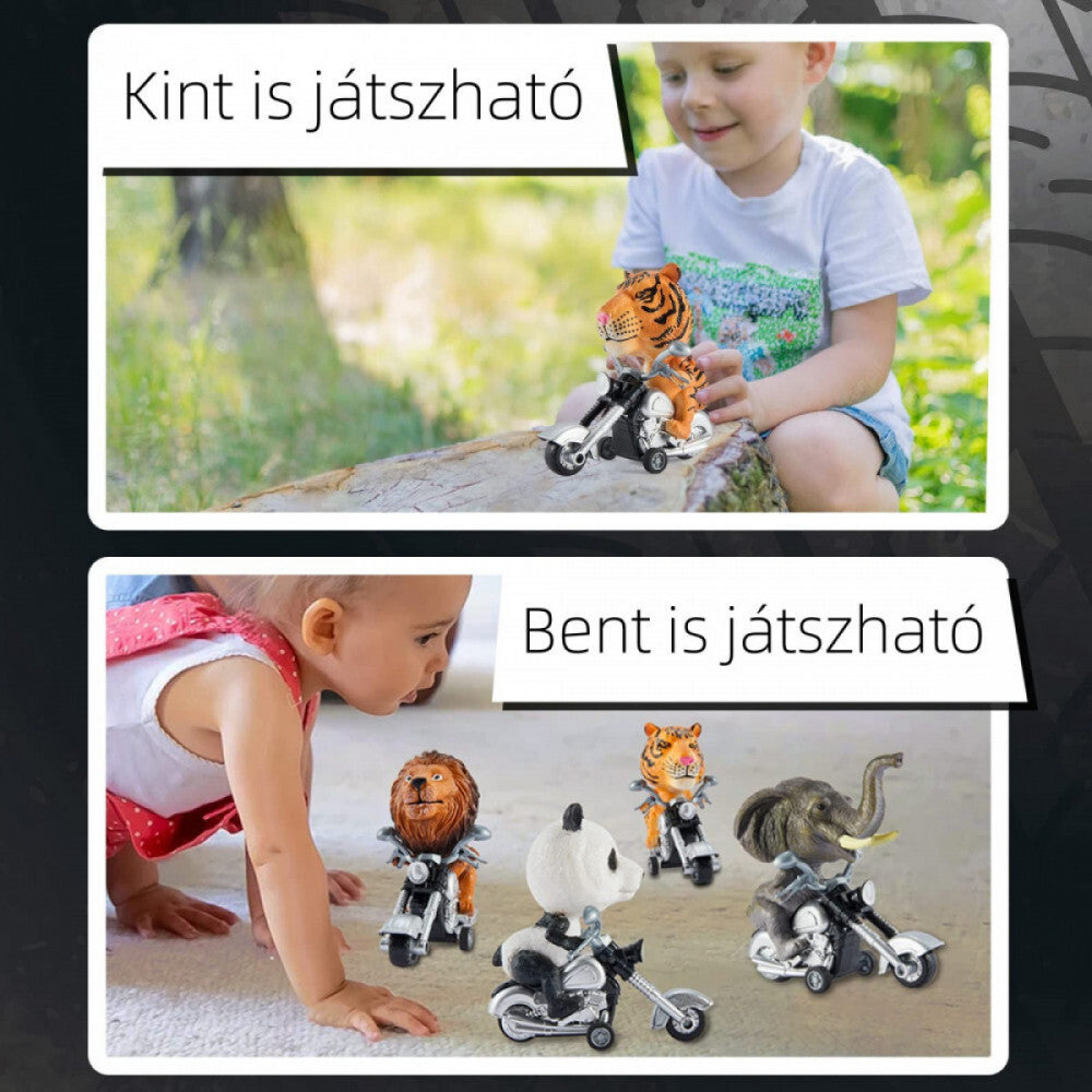 Gyerekek kint és bent játszanak a BDream hátrahúzós motoros állatfigurákkal