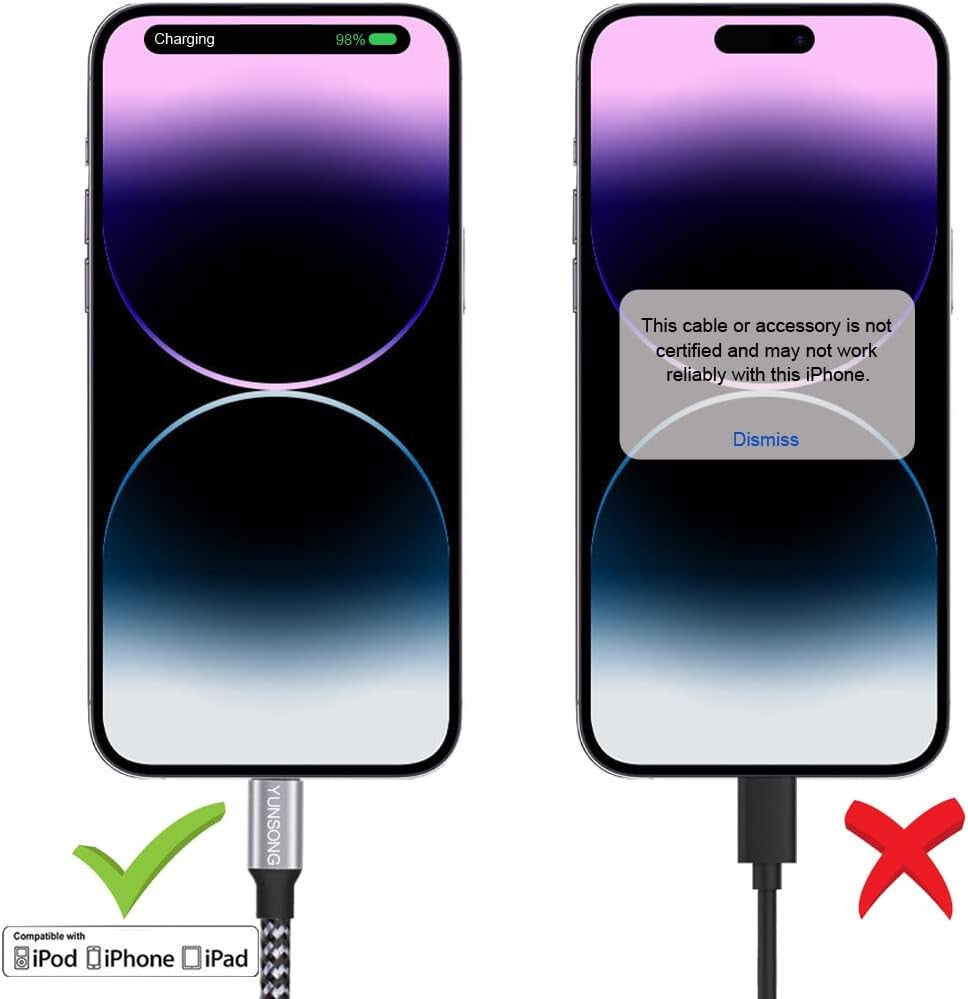 MFi tanúsított Lightning kábel töltés közben iPhone-on, összevetve nem tanúsított kábel hibaüzenetével