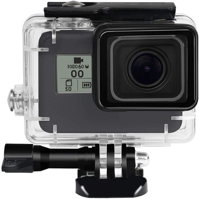 Lupholue GoPro búvártok elölről, benne kamerával és csavaros rögzítővel