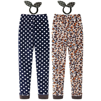 Adorel Meleg Polár Gyerek Leggings Szett 2 db - Téli Lány Leggings Pöttyös és Párduc Mintával 120-as - Maxihome