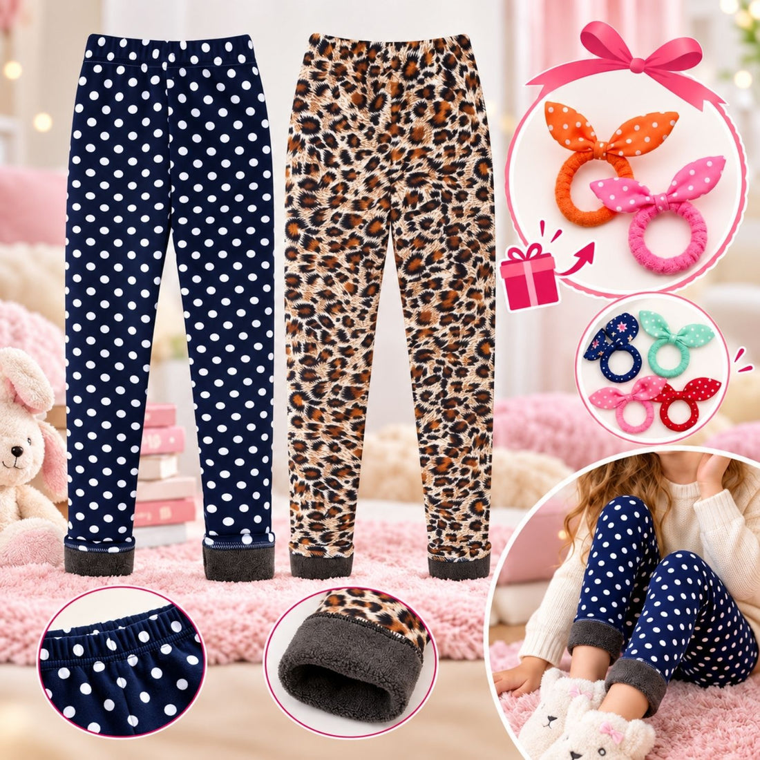Adorel téli gyerek leggings szett: pöttyös és párduc mintás pár, hajgumikkal és polár béléssel