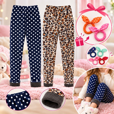 Adorel téli gyerek leggings szett: pöttyös és párduc mintás pár, hajgumikkal és polár béléssel