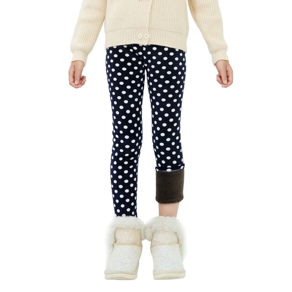 Pöttyös Adorel gyerek leggings elölről, egyik szár felhajtva a polár béléssel