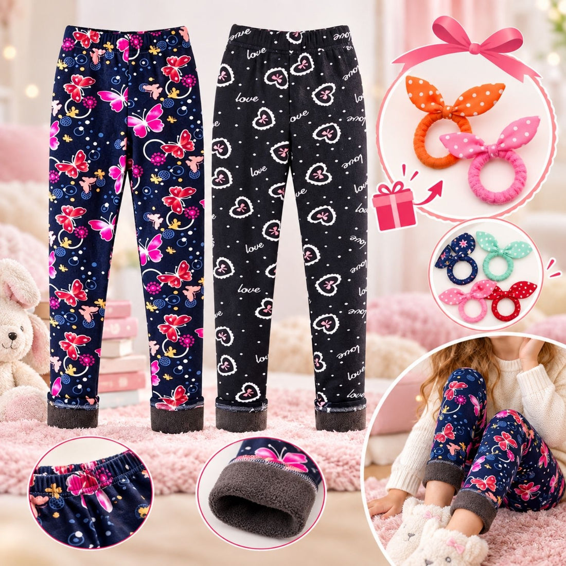 Adorel téli gyerek leggings szett: pillangós és szívecskés pár, hajgumikkal és polár bélés részlettel