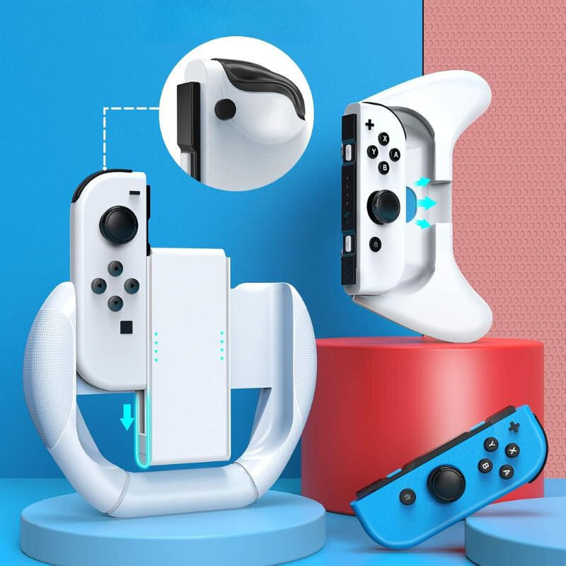 Joy-Con behelyezése a fehér Switch kormányba és markolatba, lépésenként