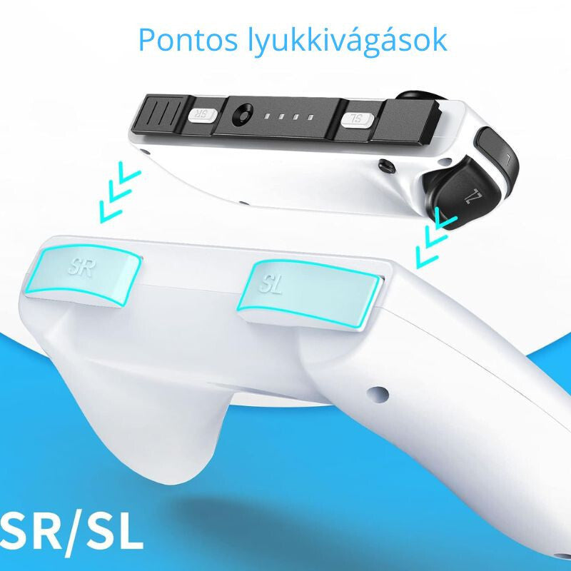 Kormány pontos lyukkivágásai az SR/SL gombokhoz, Joy-Con csúsztatása a sínbe