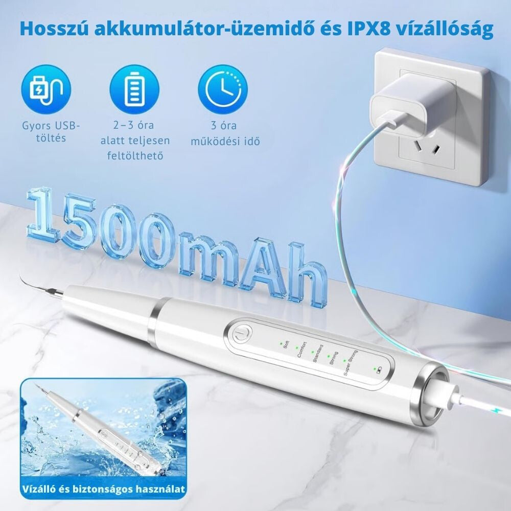 Ultrahangos Fogkőeltávolító Készülék - Vízálló, LED Kijelző, 5 Mód - Maxihome