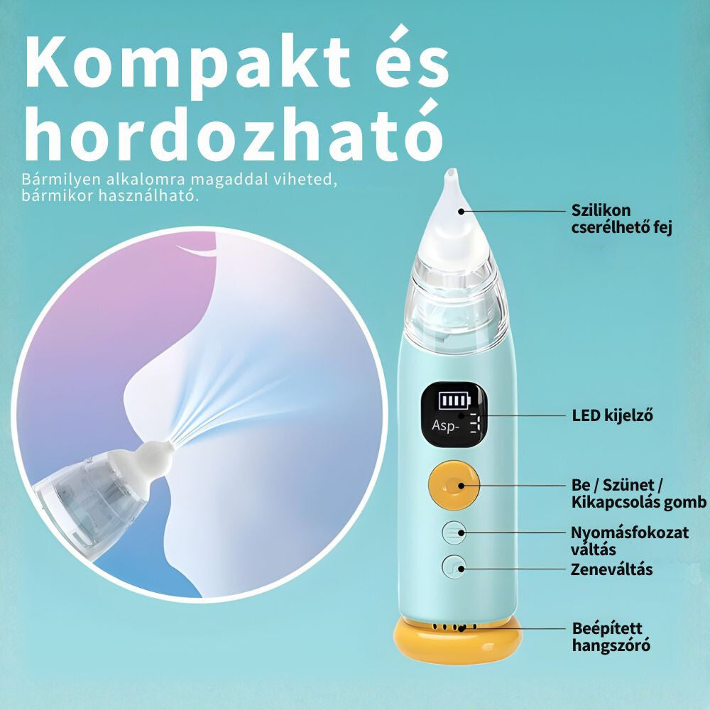 Kompakt elektromos orrszívó részei feliratozva: szilikon fej, LED kijelző, gombok, töltőport