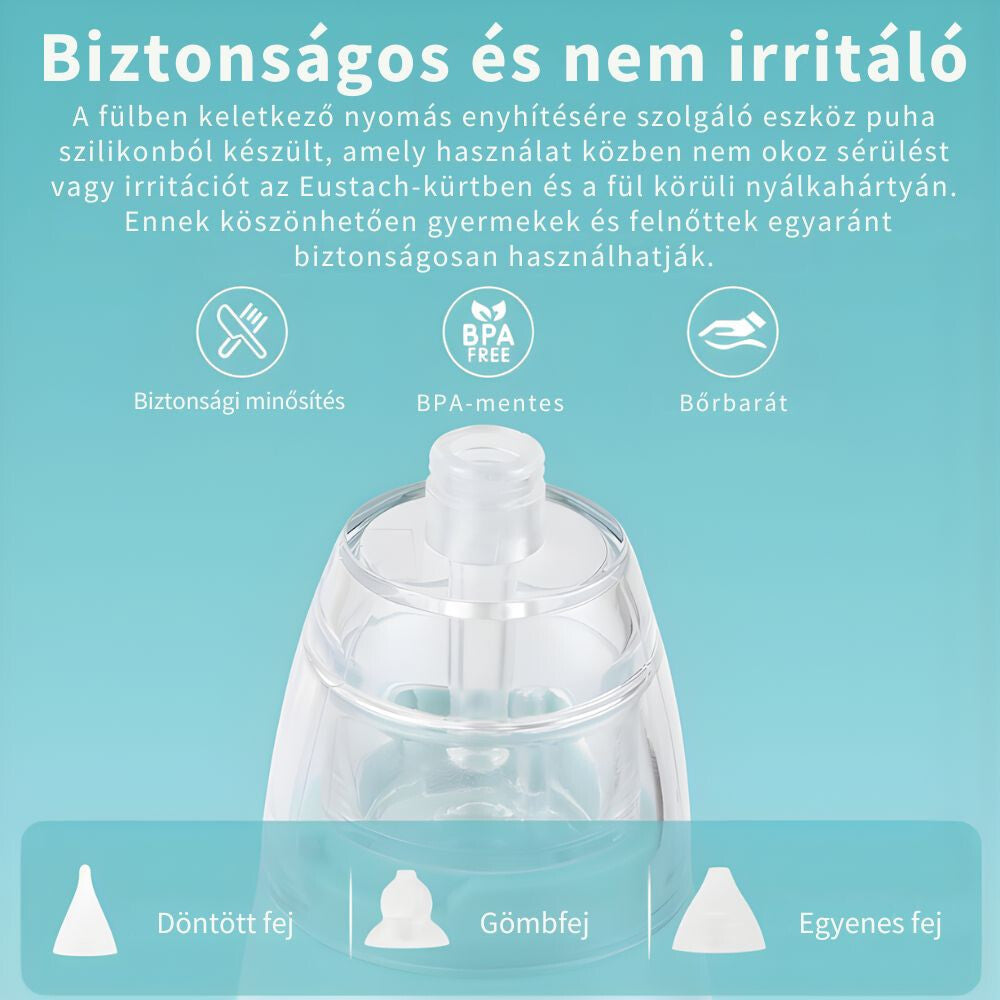 Elektromos orrszívó átlátszó szívófeje közelről, a háromféle szilikon fej ikonjaival