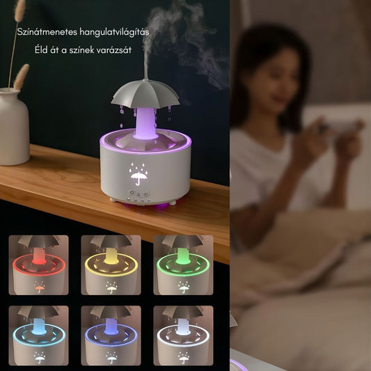 Forgó Esernyő Aromadiffúzor és Párologtató - Esőcsepp Effekt, 7 Színű LED Hangulatvilágítással - Maxihome