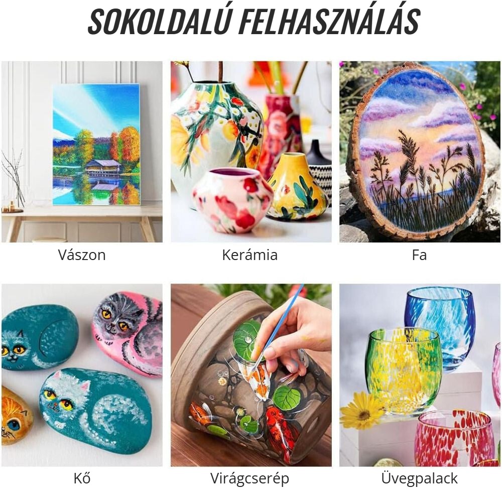 Akrilfesték készlet – sokoldalú felhasználás vásznon, kerámián, fán, kövön, üvegen
