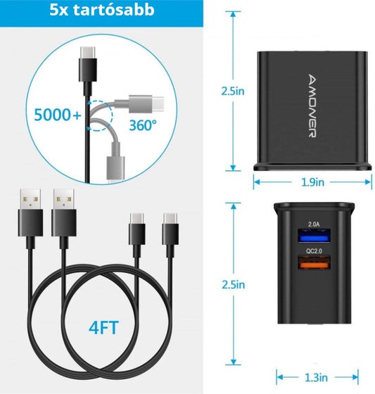 Amoner USB-C kábel és gyorstöltő – 5x tartósabb, méretek