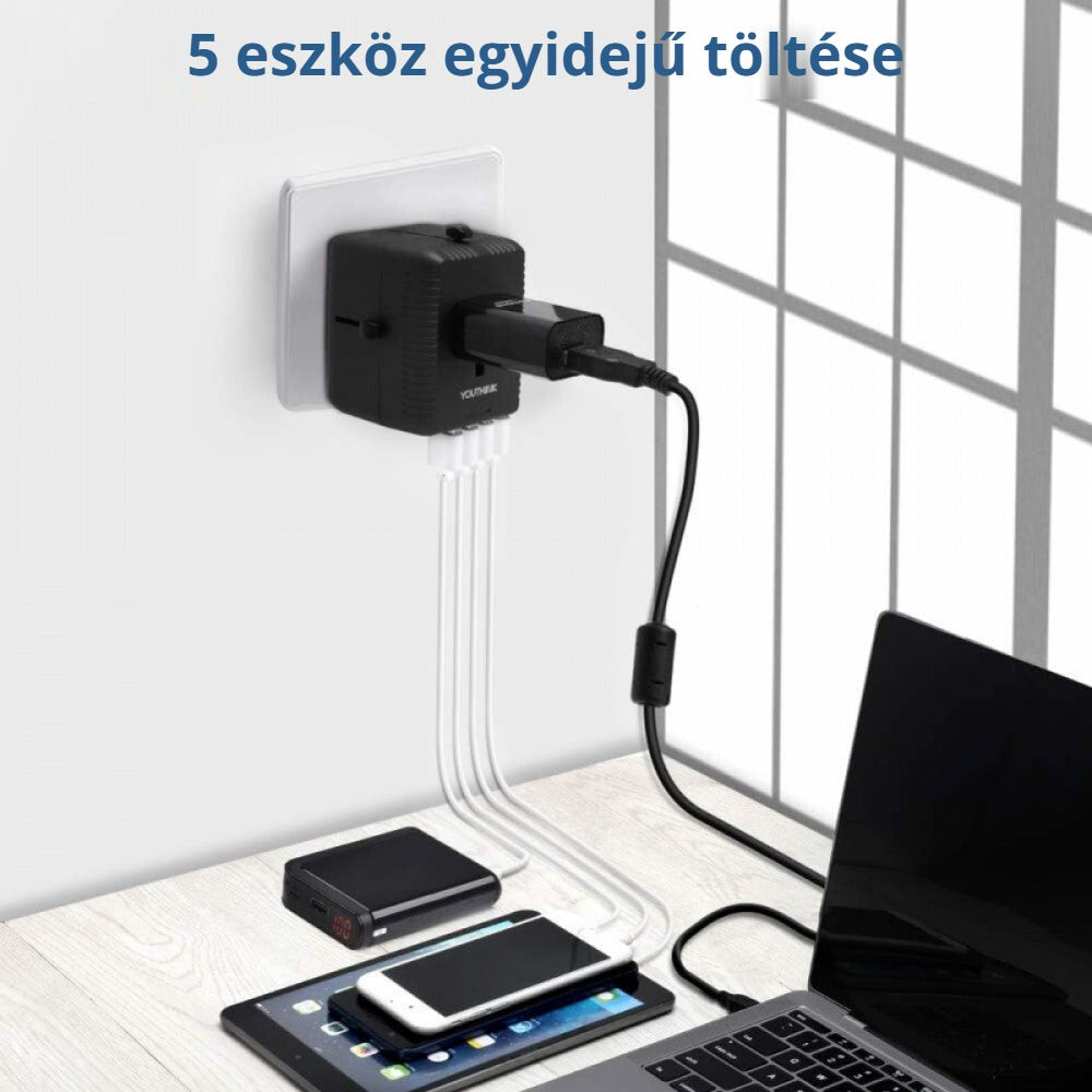 Amoner univerzális utazó adapter – 5 eszköz egyidejű töltése